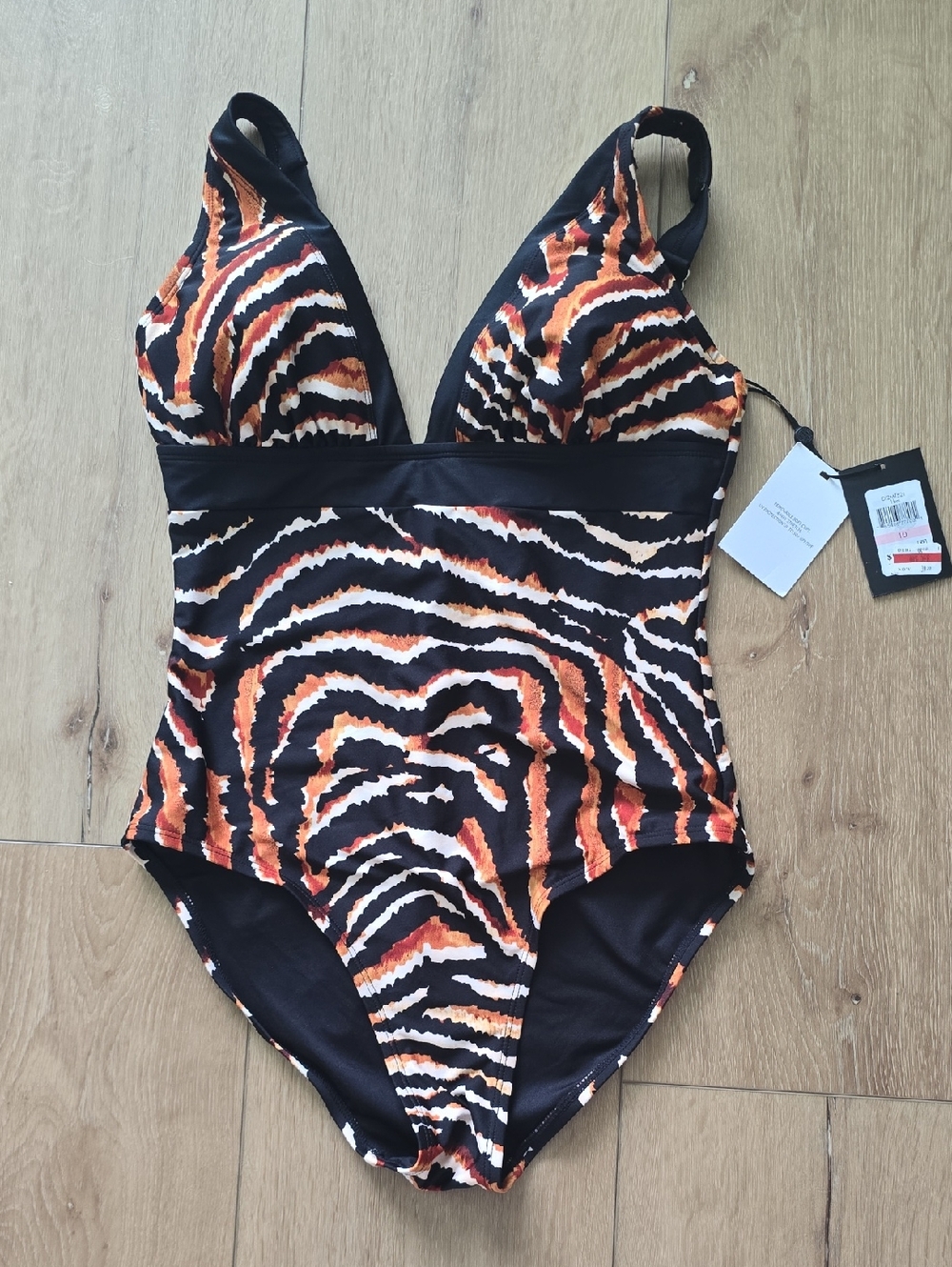DKNY Animal Print One Piece Swimsuit Women’s Black Orange Zebra NWT 10 - Picture 1 of 6